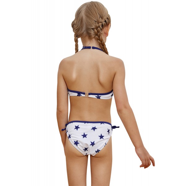 Halter Neck Blue Stars Print White Kid Girls Bikini Swimwear