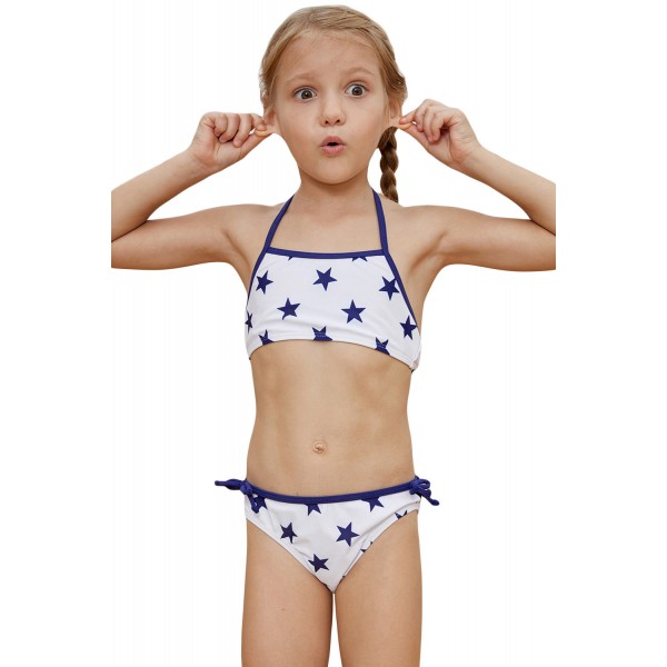Halter Neck Blue Stars Print White Kid Girls Bikini Swimwear