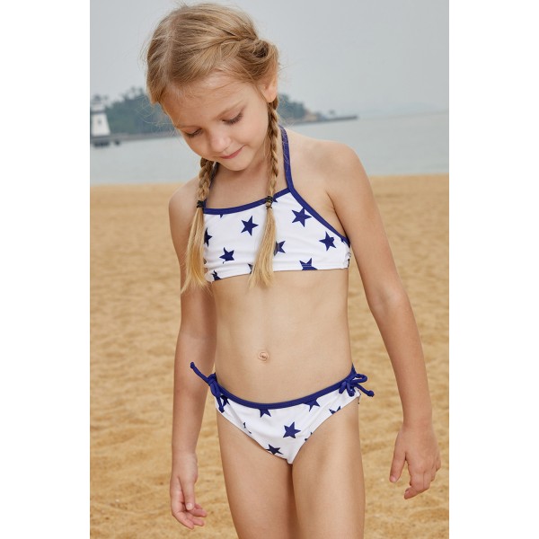 Halter Neck Blue Stars Print White Kid Girls Bikini Swimwear
