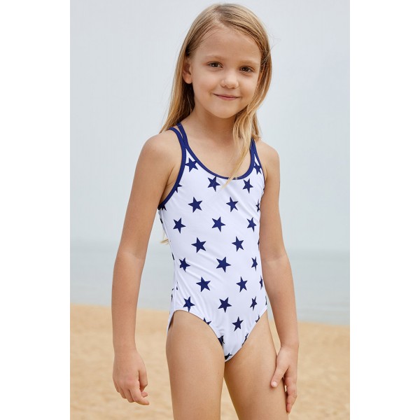 Blue Stars Print White Kid Girls Maillot