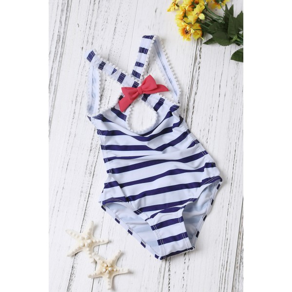 Navy Blue Striped Cross Back Maillot for Little Girls