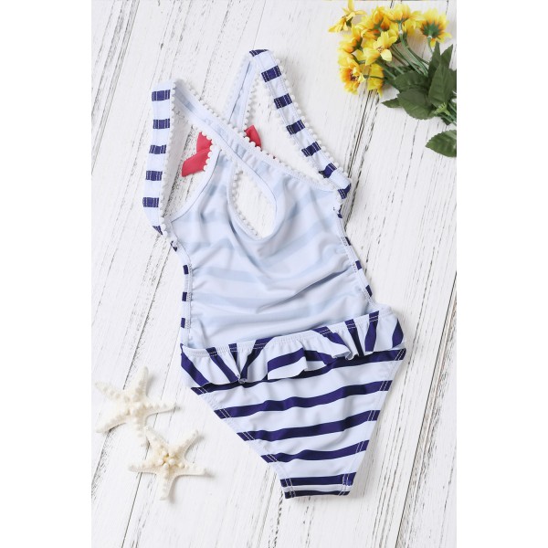 Navy Blue Striped Cross Back Maillot for Little Girls