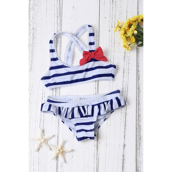 Navy Blue Striped Cross Back Bikini for Little Girls