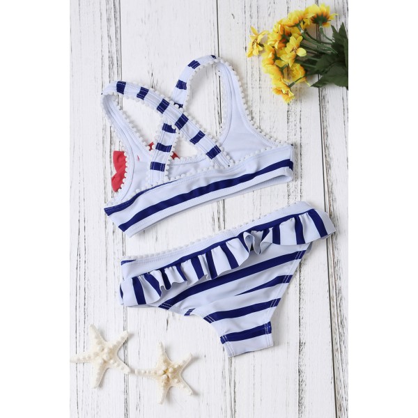 Navy Blue Striped Cross Back Bikini for Little Girls