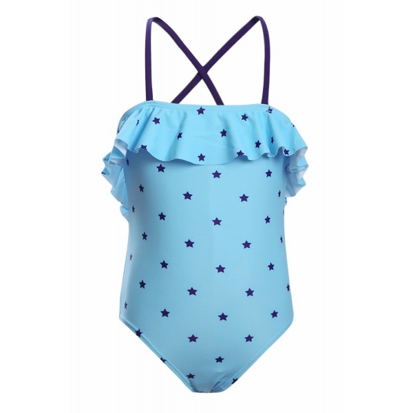 Little Stars Print Turquoise Little Girls Maillot