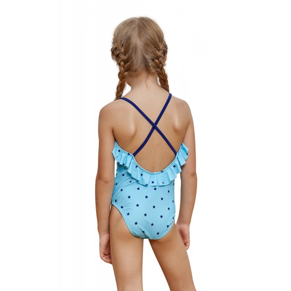 Little Stars Print Turquoise Little Girls Maillot