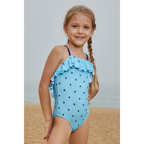 Little Stars Print Turquoise Little Girls Maillot