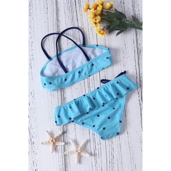 Little Stars Print Turquoise Little Girls Bikini