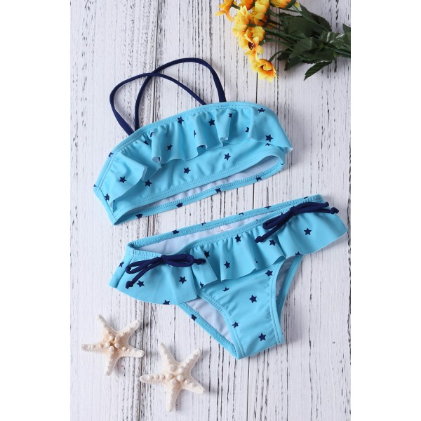 Little Stars Print Turquoise Little Girls Bikini