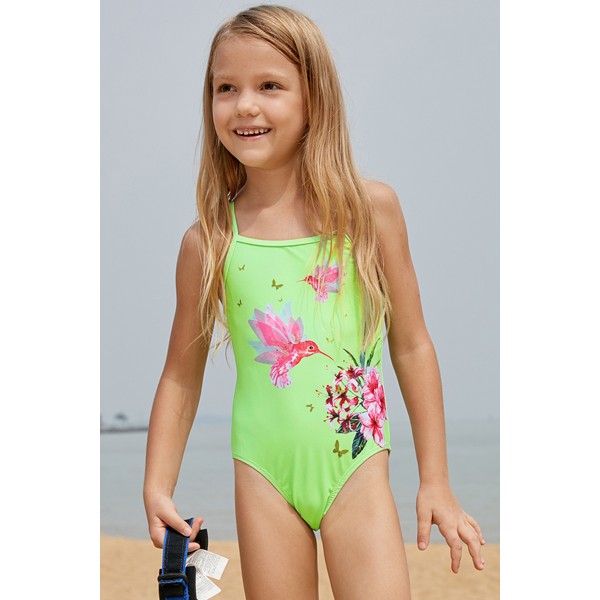 Neon Green Floral and Birds Little Girls One-piece Swimwear