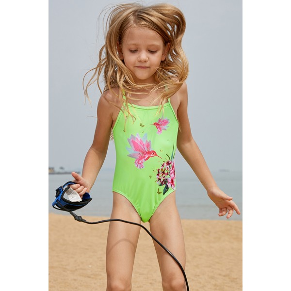 Neon Green Floral and Birds Little Girls One-piece Swimwear