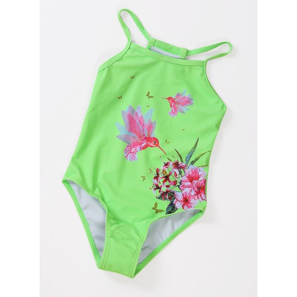 Neon Green Floral and Birds Little Girls One-piece Swimwear