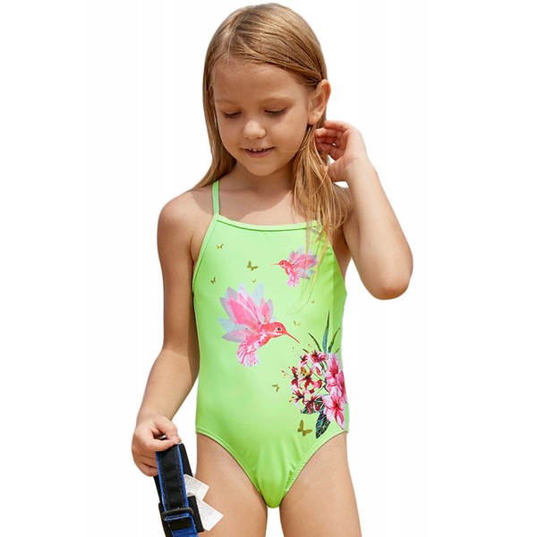 Neon Green Floral and Birds Little Girls One-piece Swimwear