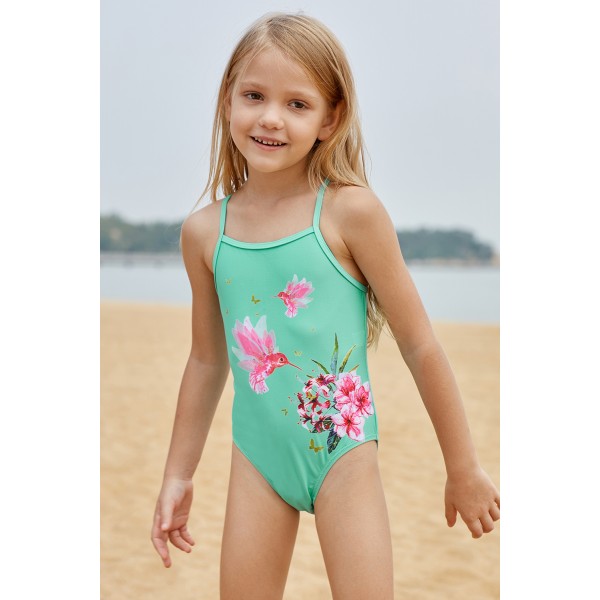 Mint Floral and Birds Little Girls One-piece Swimwear