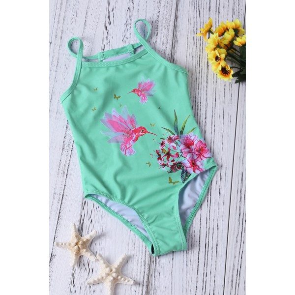 Mint Floral and Birds Little Girls One-piece Swimwear