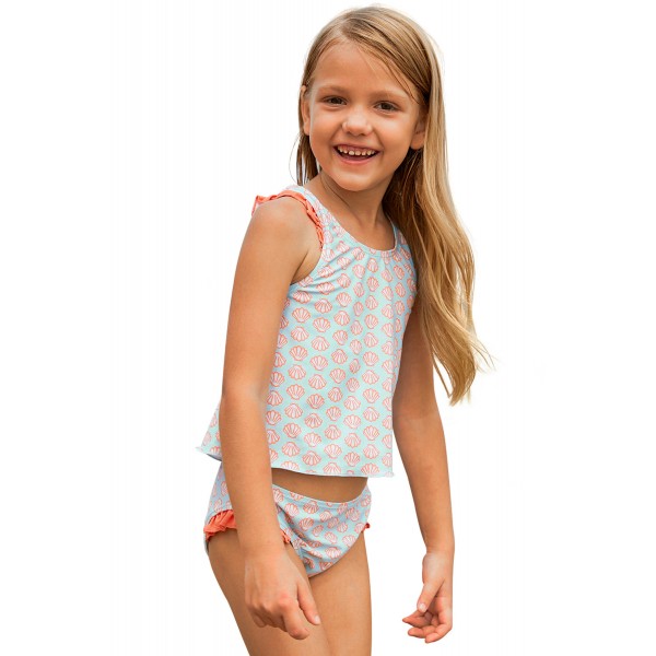 Light Blue Little Girls Tankini with Salmon Print