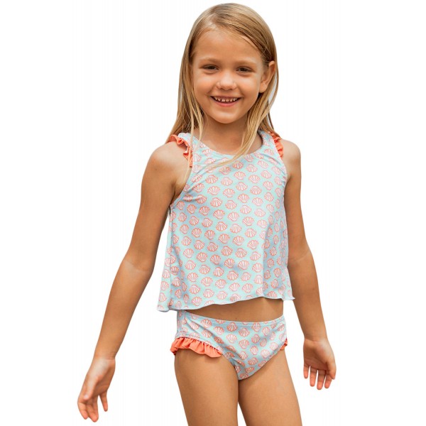 Light Blue Little Girls Tankini with Salmon Print