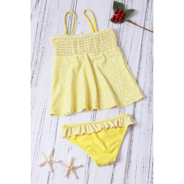 Bright Yellow Printed Kid Girls Tankini Swimwear