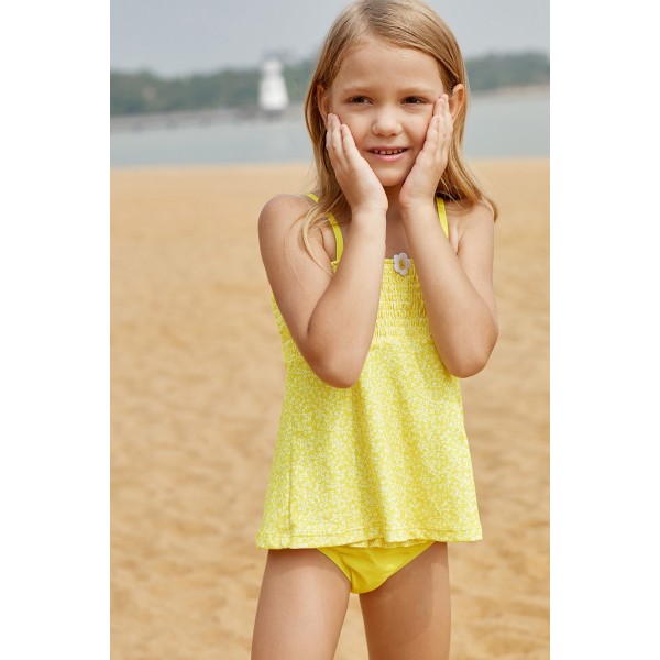 Bright Yellow Printed Kid Girls Tankini Swimwear