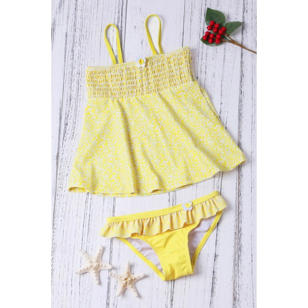 Bright Yellow Printed Kid Girls Tankini Swimwear