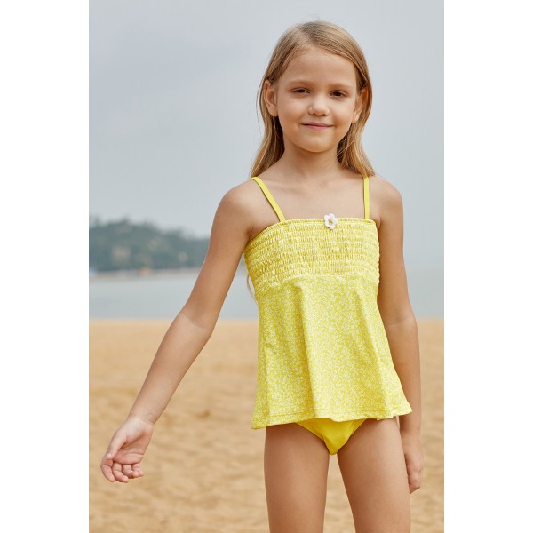 Bright Yellow Printed Kid Girls Tankini Swimwear
