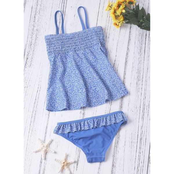 Blue Printed Kid Girls Tankini Swimwear