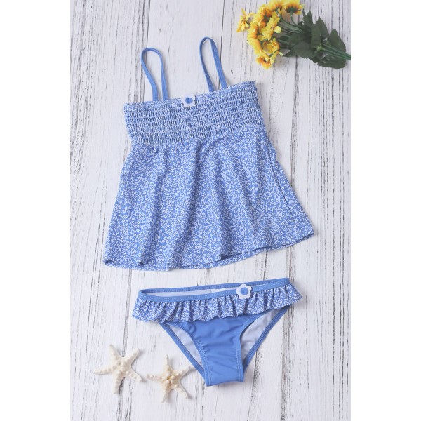 Blue Printed Kid Girls Tankini Swimwear