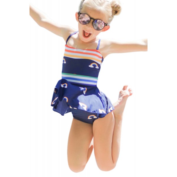 Rainbow Stripes Print Peplum Little Girls Swimsuit