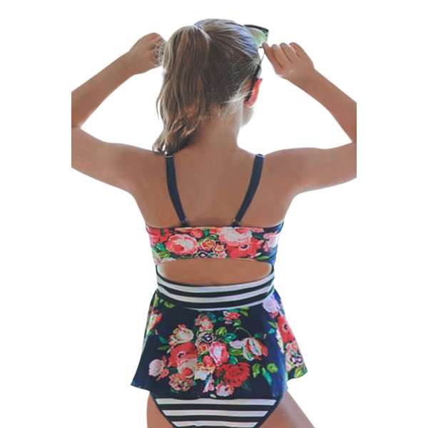 Blue Navy Floral Print Peplum Little Girls Swimsuit