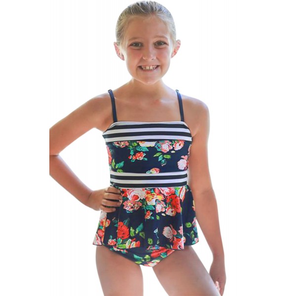 Blue Navy Floral Print Peplum Little Girls Swimsuit