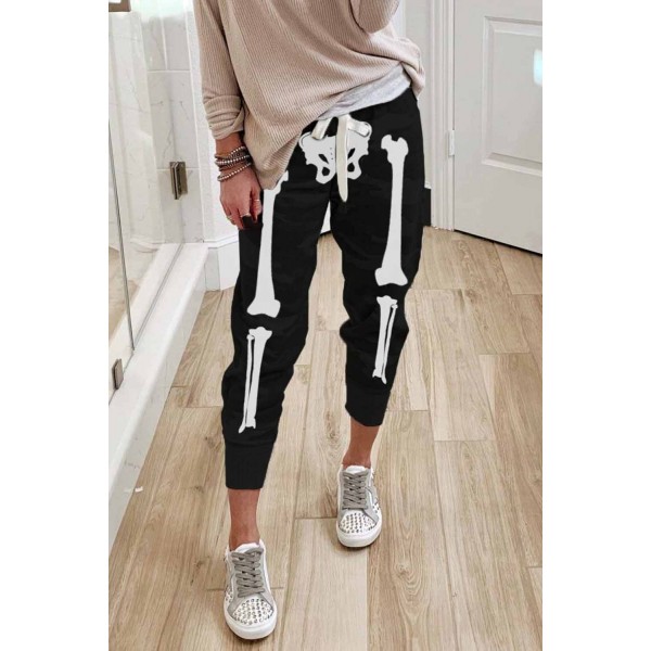 Black Halloween Skull Print Drawstring Elastic Waist Joggers