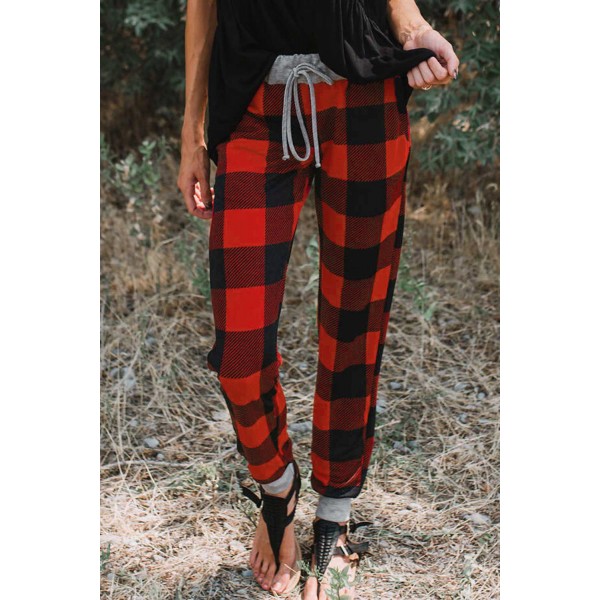 Christmas Red Buffalo Plaid Pocketed Drawstring Joggers