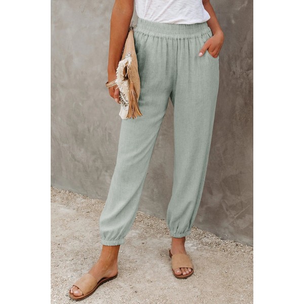 Gray Linen Pocketed Elastic Waistband Joggers