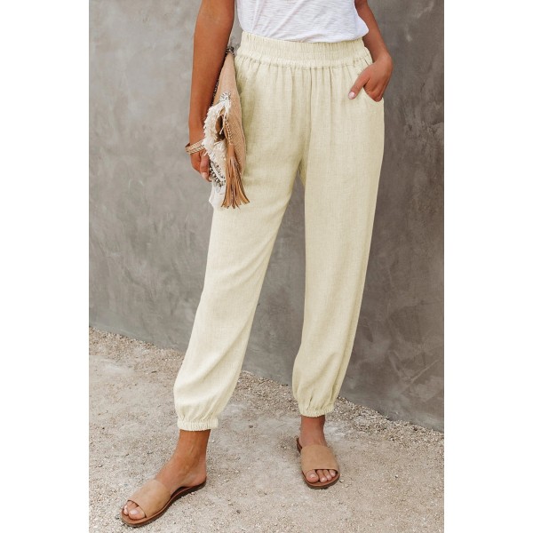 Khaki Linen Pocketed Elastic Waistband Joggers