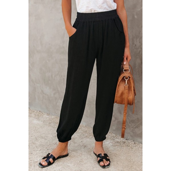 Black Linen Pocketed Elastic Waistband Joggers