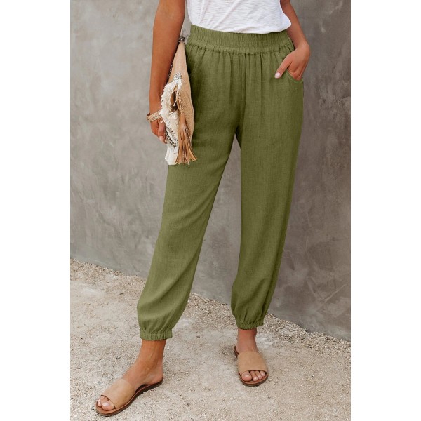 Green Linen Pocketed Elastic Waistband Joggers