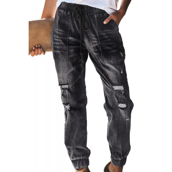 Black Distress Drawstring Pocketed Joggers