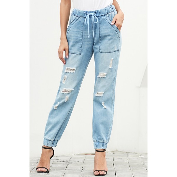Sky Blue Distress Drawstring Pocketed Joggers