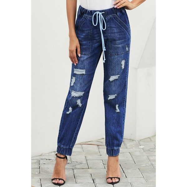 Blue Distress Drawstring Pocketed Joggers
