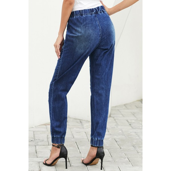 Blue Distress Drawstring Pocketed Joggers