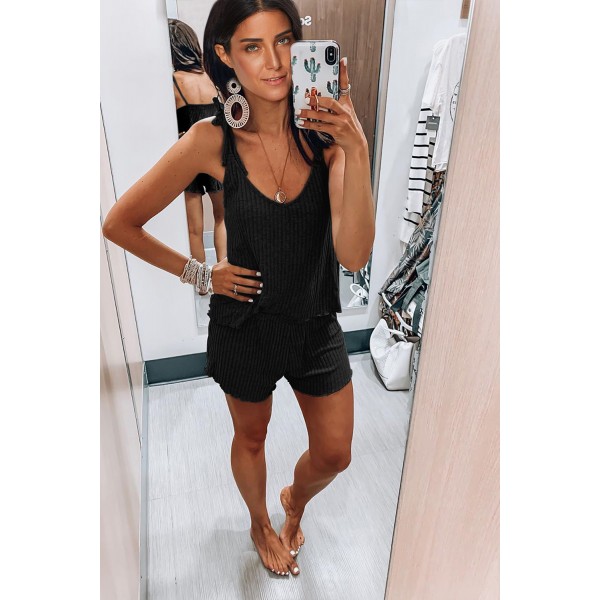 Black Ribbed Knit Tank Shorts Set
