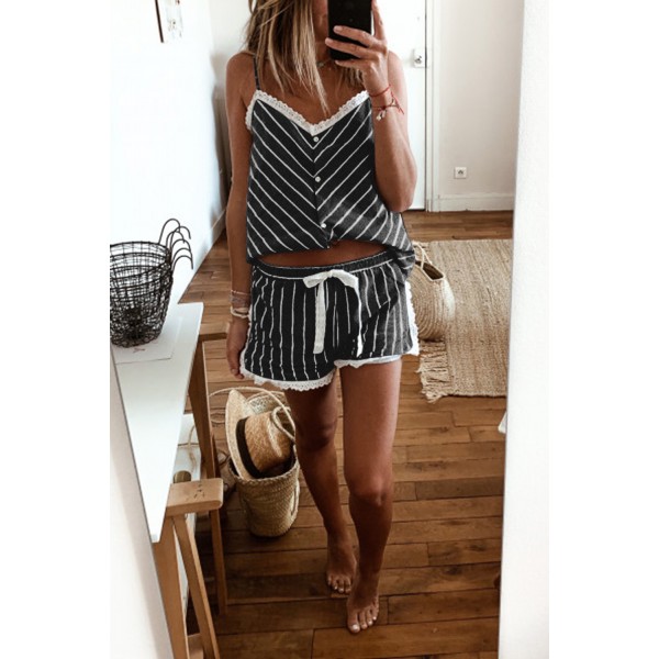 Black Stripes Frill Trim Cami Pajamas Set