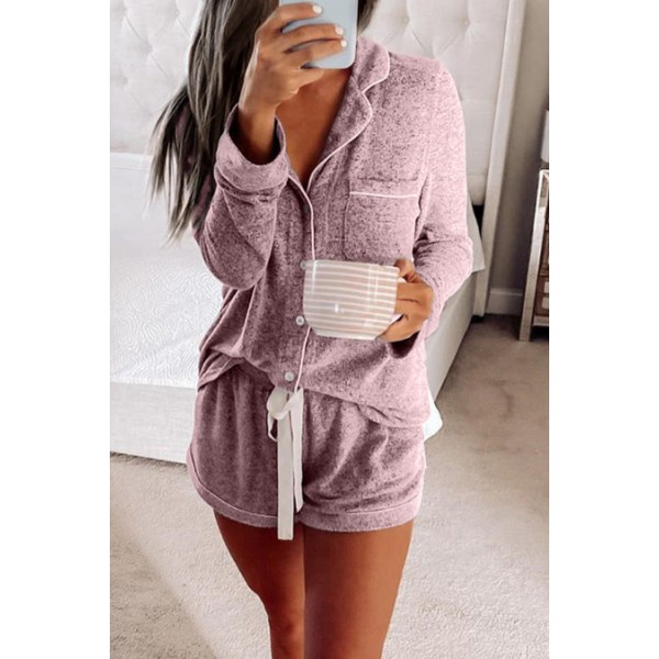 Pink Long Sleeve Drawstring Button Loungewear