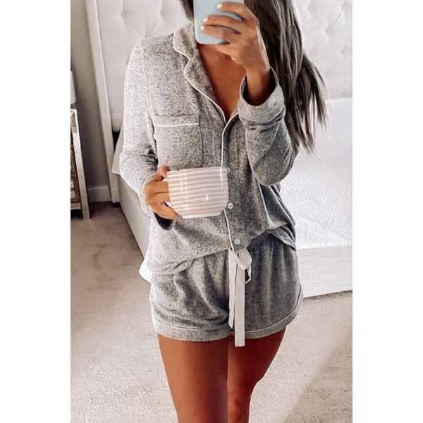 Gray Long Sleeve Drawstring Button Loungewear