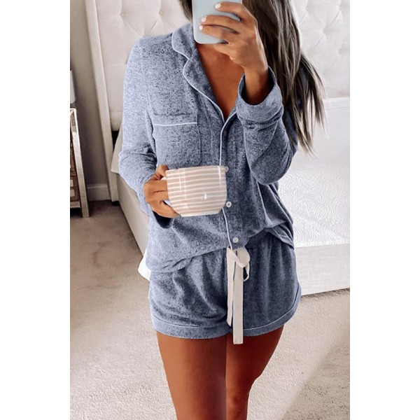 Blue Long Sleeve Drawstring Button Loungewear