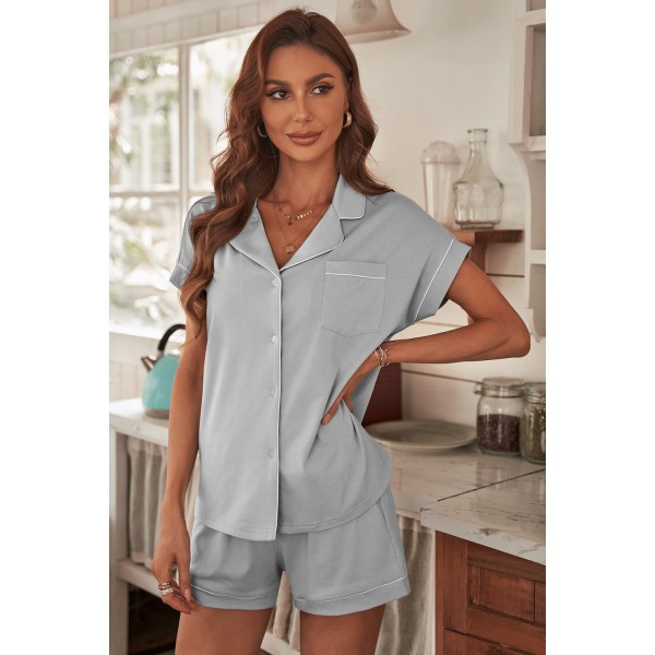 Gray Buttoned Short Sleeve Shirt and Shorts Pajamas Set