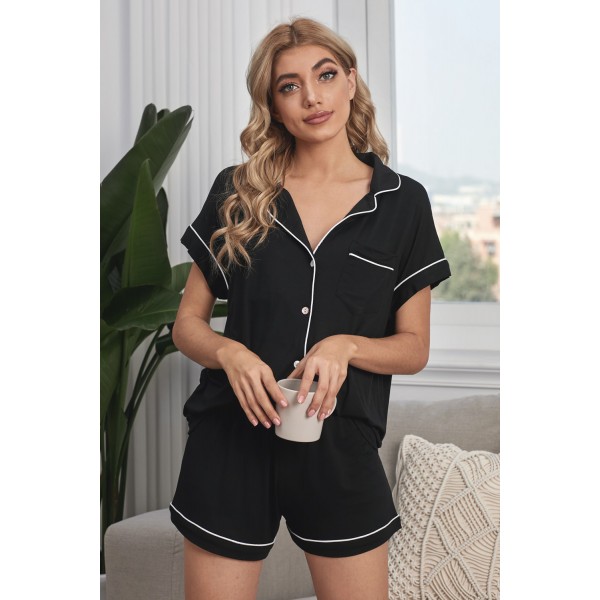 Black Buttoned Short Sleeve Shirt and Shorts Pajamas Set
