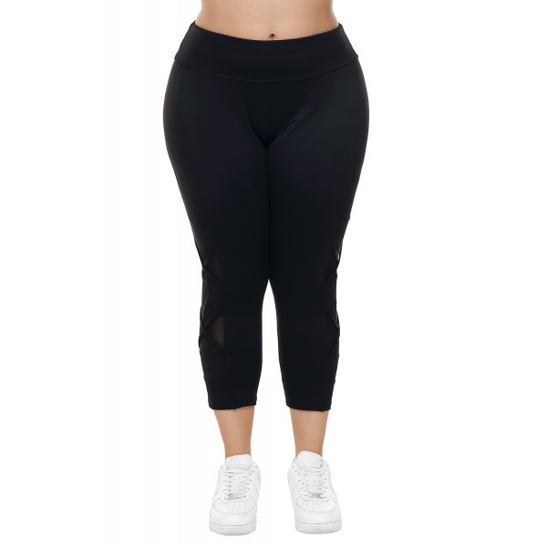 Black Crisscross Mesh Cutout Plus Size Yoga Pants