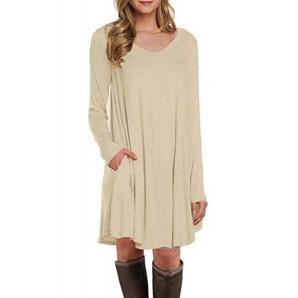 Apricot Long Sleeve Pocket Casual Loose T-shirt Dress