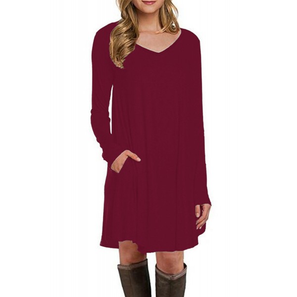Burgundy Long Sleeve Pocket Casual Loose T-shirt Dress